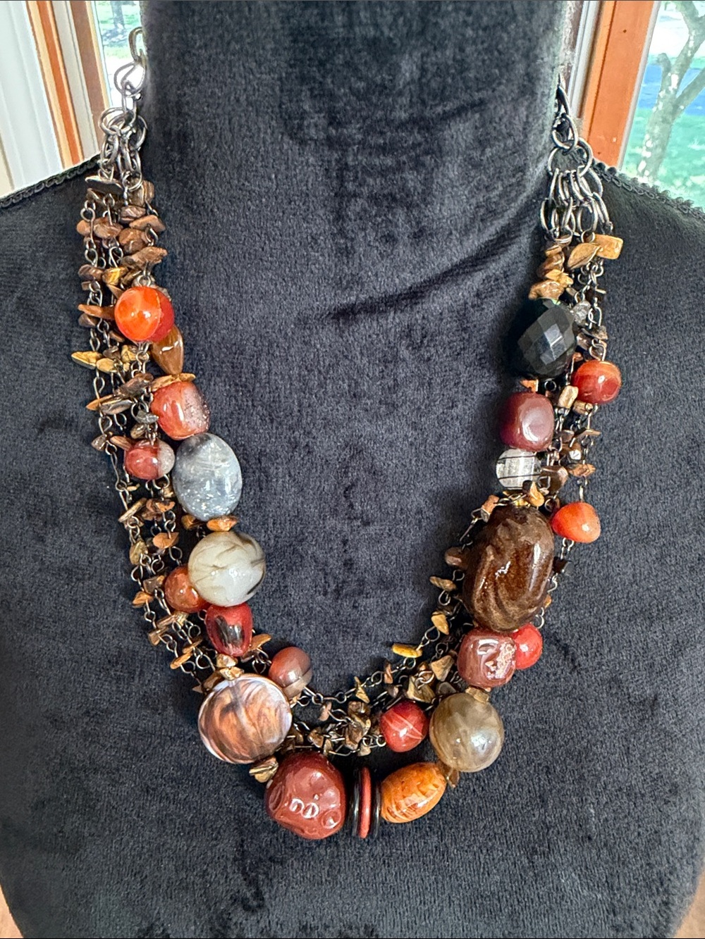 Multi-Strand Red and Brown Beaded Statement Necklace